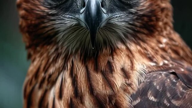 Close-up of a majestic hawks head and intense gaze, showcasing its sharp features and intricate feather details.