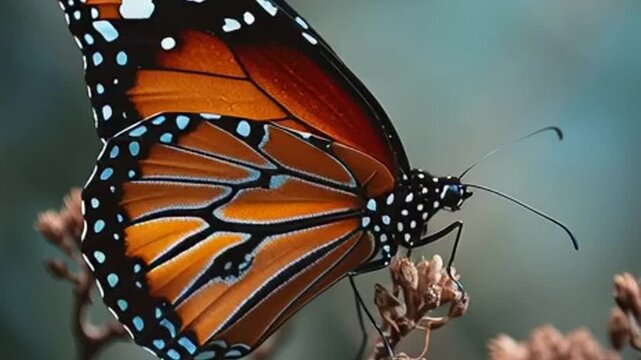 Close-up of a Monarch Butterfly perched on a dry plant stem, showcasing intricate wing patterns and vibrant orange colors against a blurred green background.