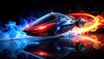 Futuristic vehicle floating, illuminated by dynamic fire and ice effects