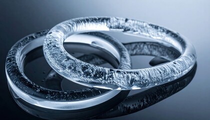 Two interconnected clear, icy-looking rings reflecting on a dark surface