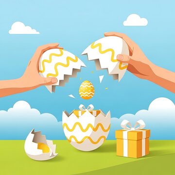 Hands carefully pull apart a large patterned Easter egg to reveal a golden egg and wrapped gift inside, set against a bright meadow and clear blue sky.