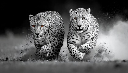 Two leopards running in grayscale, dust billowing, eyes focused, nature's power