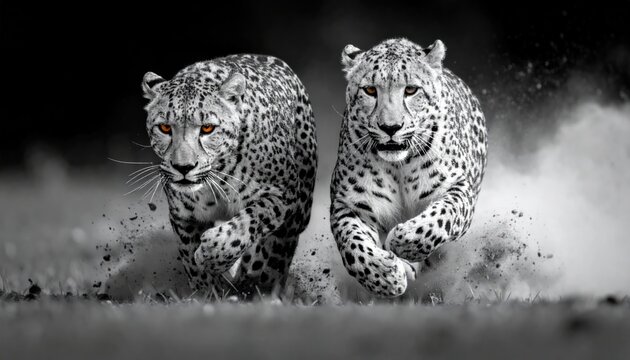 Two leopards running in grayscale, dust billowing, eyes focused, nature's power