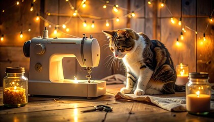 Cat curious about sewing machine on wooden surface, lit by fairy lights