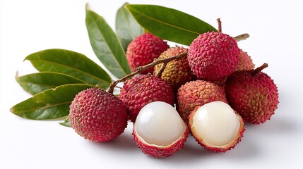 Close-Up of Fresh Lychee Fruits with Leaves, Tropical Fruit Still Life