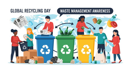 Naklejka premium Diverse people sorting and recycling waste into color-coded bins for paper, glass, and plastic, promoting global recycling day and waste management awareness.