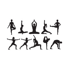 Obraz premium Black silhouettes depicting various yoga poses and human figures