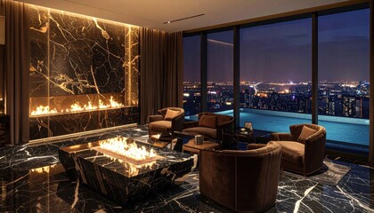 Luxury living room with a fireplace, city view at night