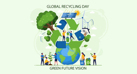 Diverse group of people celebrating Global Recycling Day by sorting waste into color-coded bins for paper, plastic, glass, and metal, promoting environmental sustainability.