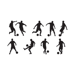 Fototapeta premium Silhouettes of soccer players in dynamic action poses with footballs