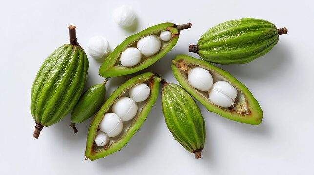 Exotic Marang Fruit: Open Pods Revealing White Arils on White Surface