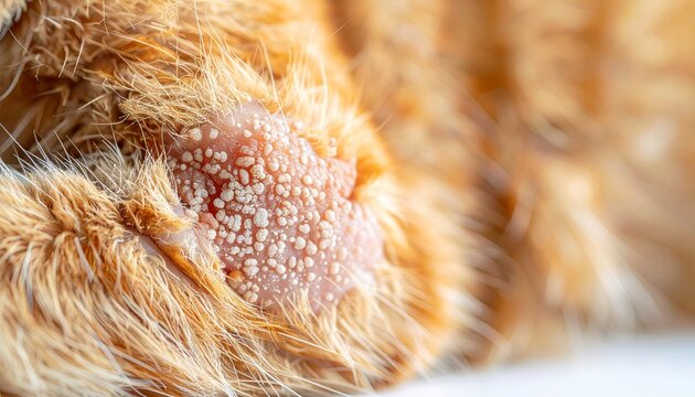 Close-up of a cats skin with a visible rash, possibly indicating an allergic reaction or skin condition.