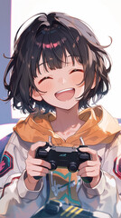 Smiling young female gamer playing video game with controller and headphones, esports lifestyle concept,笑顔でゲームを楽しむ若い女性ゲーマー ヘッドホンとコントローラーを持つeスポーツイメージ