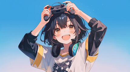 Smiling young female gamer playing video game with controller and headphones, esports lifestyle concept,笑顔でゲームを楽しむ若い女性ゲーマー ヘッドホンとコントローラーを持つeスポーツイメージ