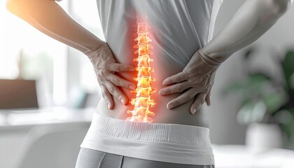 Woman Suffering from Back Pain with Highlighted Spine.