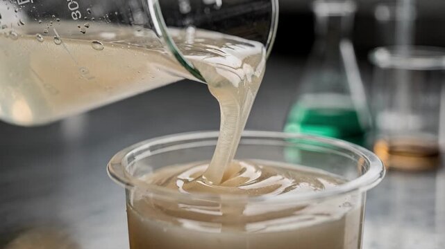 Medium shot of plantderived starch gel being carefully poured into a laboratory container highlighting natural flavor carrier innovation in sustainable food science.