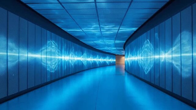 Futuristic blue illuminated curved corridor with glowing frequency patterns on walls and textured ceiling