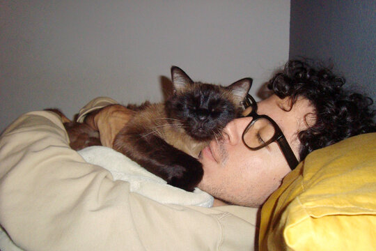 Person Sleeping With Cat Resting on Face at Home