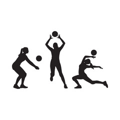 Fototapeta premium Silhouettes of three women playing basketball demonstrating passing and shooting