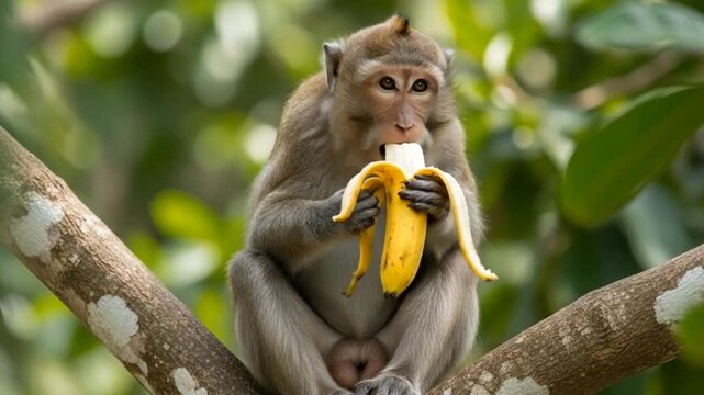 A monkey sits on a tree branch and eats a banana in a natural setting, showcasing wildlife behavior