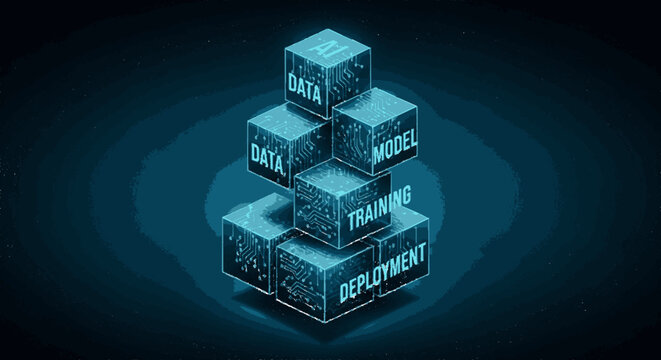 Stacked 3d cubes representing data model training and deployment process in a futuristic blue digital environment with concentric circular