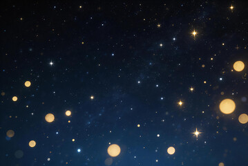 Fototapeta premium Dark blue starry night sky with golden bokeh lights, representing the vast universe, cosmos, and celestial wonders. Ideal for space and astronomy themes.