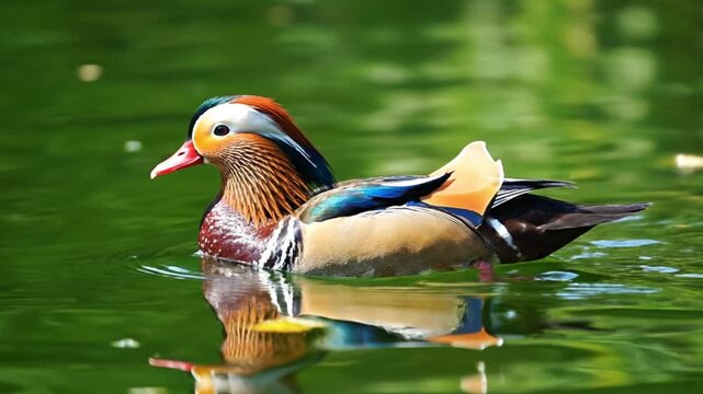 A vibrantly colored ornamental duck gracefully glides across tranquil, green water, showcasing its magnificent plumage. The bird features a striking array of feathers in rich oranges, deep blues, pris