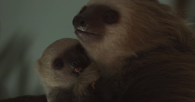 Mom and Baby Sloth Eating Together