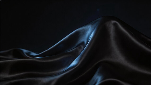Close-up of flowing black satin fabric with soft, dramatic lighting highlighting its smooth texture and elegant drape. Perfect for luxury fashion and textile design concepts.