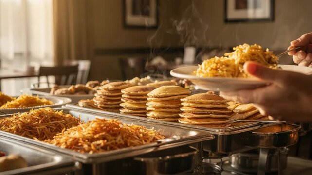 Warm medium shot of a full hot breakfast station with steam rising from food trays like pancakes and hash browns in focus with the rest of the room gently blurred.