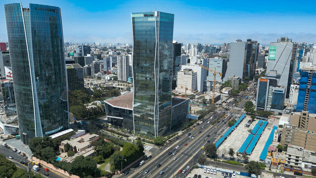 Aerial drone image of The Westin Lima Hotel dominating the San Isidro financial skyline near Javier Prado Avenue.