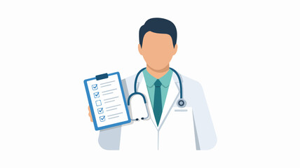 Fototapeta premium Doctor holding medical clipboard with stethoscope around neck professional healthcare worker in white coat and green tie