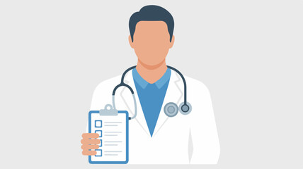Fototapeta premium Male doctor holding clipboard with stethoscope around neck medical professional in white coat healthcare concept
