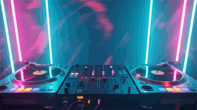 Dj setup with turntables and mixer in a dark room with neon lights creating a vibrant nightlife atmosphere for party or music event