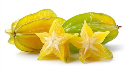 Fototapeta premium Sliced Starfruit and Whole Carambola on White, Tropical Fruit Arrangement for Food