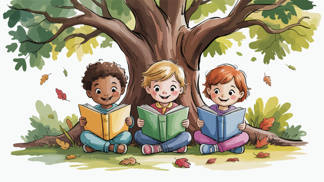 Three happy children reading books under a tree in autumn with leaves falling around them in a park