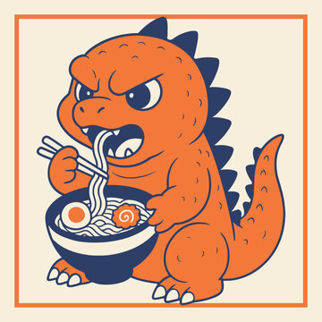 godzilla gojira chibi illustration cartoon eat noodles japanese monster lizard kaiju giant cute