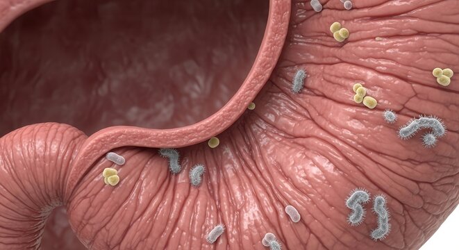 Microscopic view of stomach lining with bacteria and enzymes, medical illustration