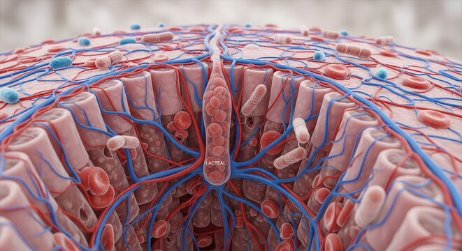 Microscopic view of liver lobule with sinusoids, hepatocytes, blood cells, and bacteria