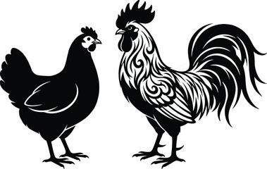 Rooster and hen facing each other in detailed black silhouette illustration, farm animal artwork symbolizing rural life, poultry farming, symmetry, tradition, and classic livestock design