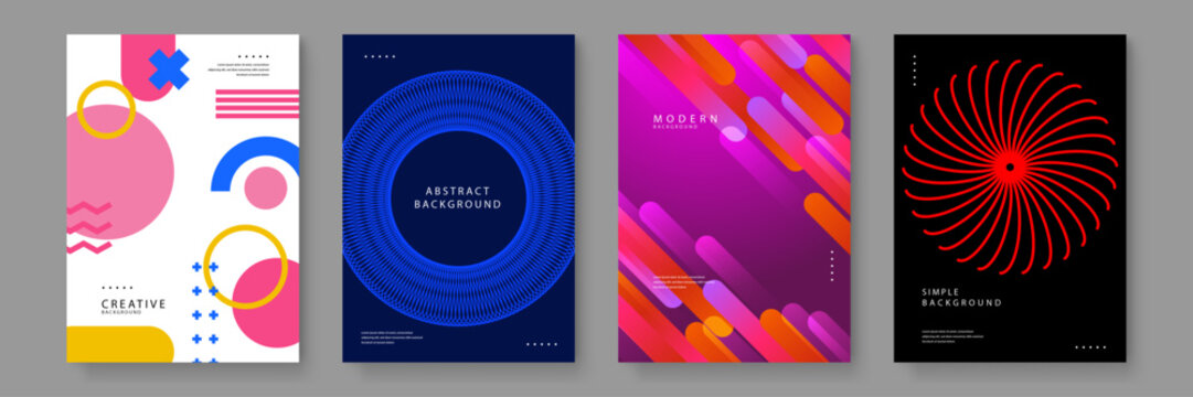 Collection of four abstract background posters featuring memphis geometry guilloche patterns and fluid gradients