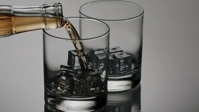 Golden brown whiskey pouring from a bottle into a classic rocks glass with ice cubes, creating a satisfying splash in slow motion on a reflective grey surface in a studio setting