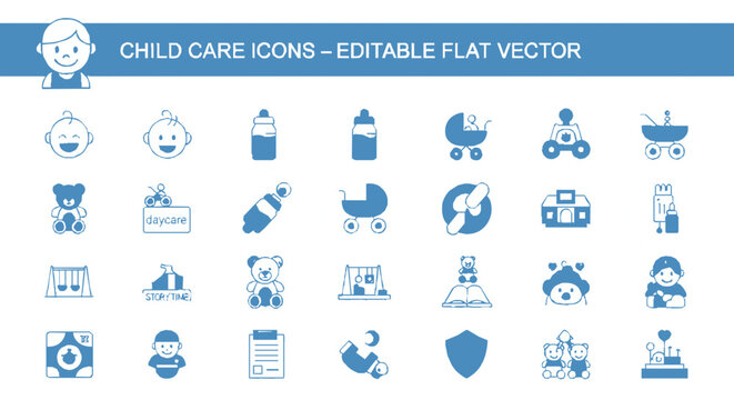 Child care icons set in editable flat vector style for parenting and childcare concepts