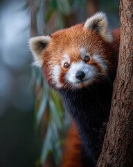 Fototapeta premium Red panda clinging to tree trunk looking