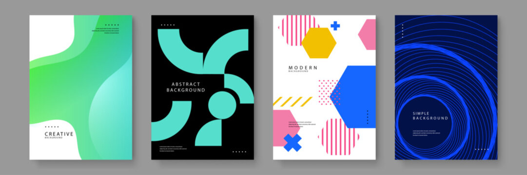 Collection of four minimalist posters featuring abstract geometric shapes and vibrant color palettes for modern graphic design projects