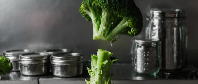 Broccoli Floret Snap. Plant-Based & Sustainable Food Preparation. Plant-Forward. Gently snapping fresh, deep-green broccoli florets from a large stalk, set in a minimalist kitchen with stainless steel