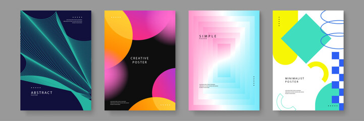 A versatile set of four abstract posters including mesh lines bokeh circles glassmorphism and memphis geometric styles © Badr Warrior