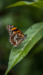 Obraz premium A butterfly perches on a green leaf, symbolizing environmental protection and conservation.