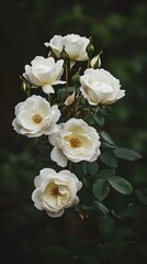 Fototapeta premium Cluster of white roses blooming in dark moody garden
