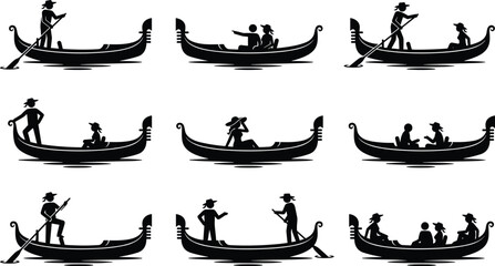 Gondola silhouette collection with gondolier and passengers in various poses, isolated on white background, Venice travel concept, romantic boat ride, tourism and transportation illustration set © MstFatema